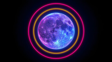Obraz premium Lunar Luminescence: A celestial body glows vibrantly, framed by neon circles against the dark vastness of space, highlighting a striking visual spectacle.