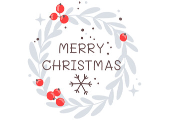Hand-drawn Christmas greeting "Merry Christmas" in a wreath of stylized branches and red berries. A cozy, festive, simple design for cards and decor.