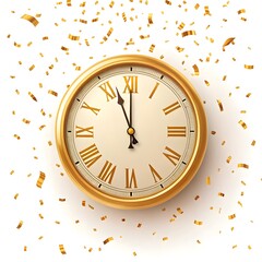 Golden clock with roman numerals showing almost midnight surrounded by confetti