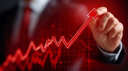 Businessman Drawing Upward Trend Line on Digital Chart with Red Background for Financial Success Concept