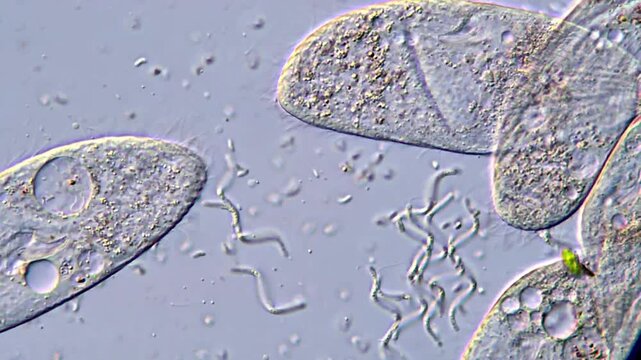 Ciliophora and spirochetes bacteria under microscope 
