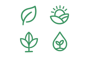 Set of nature icons. Eco friendly concepts for logo. Organic farm, sustainable agriculture symbol. Plant growth, leaf, water drop, sunrise vector line art. Simple design.