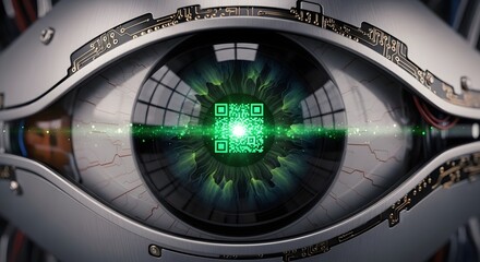 Close-up of a sophisticated bionic eye featuring a glowing green QR code, symbolizing digital integration, advanced surveillance, and the future of human-machine interaction