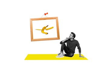 Composite photo collage of happy man designer watch art gallery banana peel art picture exotic fruit isolated on painted background