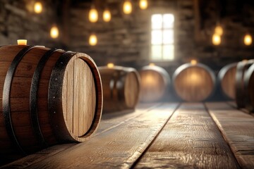 Sunlit wine cellar with wooden barrels in a rustic underground tunnel