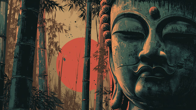 Buddha in the forest with red sun