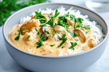 Creamy mushroom stroganoff with fresh parsley and rice on a rustic table