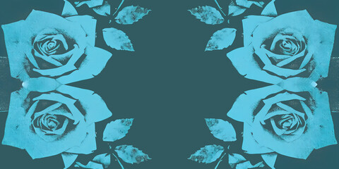 Abstract floral background with turquoise blue roses in halftone pop art style. Symmetrical decorative composition with leaves and flowers, modern retro design, perfect for posters, invitations