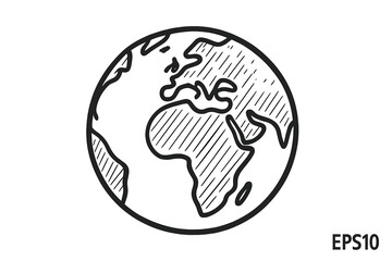 Hand drawn Earth globe doodle. Planet sketch in line art style. World map vector illustration. Concept for global business, international travel, ecology, environment, and geography.