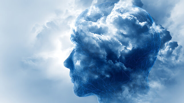 Blue head profile filled with stormy clouds and digital network image