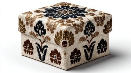 Ornate fabric-covered box with intricate floral patterns on a white background, showcasing craftsmanship