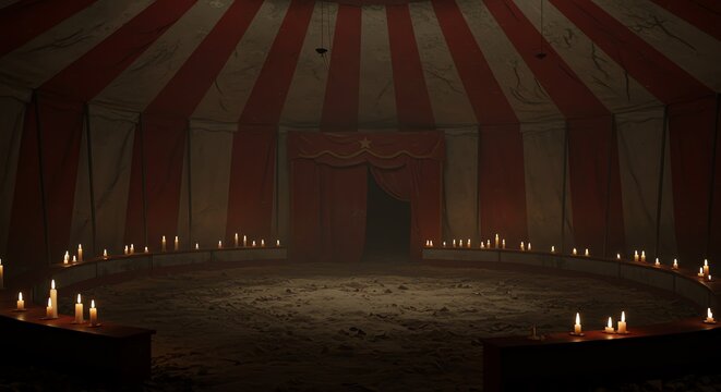 Empty circus tent with candles and red curtains