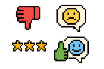 Pixel art feedback icons set. Thumbs up, thumbs down, stars rating, and emoji review. 8-bit retro game style vector illustration for customer satisfaction survey design elements.