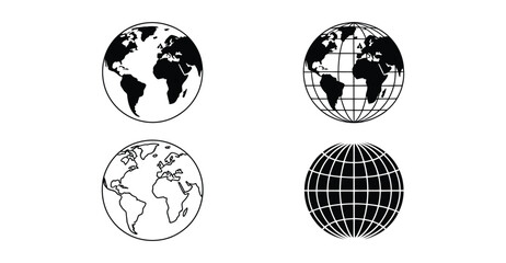  Set of four Earth icons in black and white featuring globe silhouettes, outlines, and grid overlays for geography, science, and design use © VectorCraze