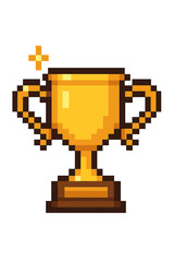 Pixel art trophy cup for winner. Golden award for victory. First place prize. Champion success symbol. 8 bit retro video game icon. Achievement concept vector illustration.