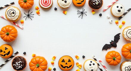 Halloween cupcakes pumpkins bats and candy on white