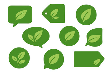 Vegan icon set. Green speech bubble with leaf. Eco tag for bio food. Organic product label. Natural farm fresh logo. Healthy food sticker. Vector badge for ecology projects.