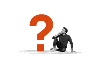 Composite creative art collage of serious man think theory solution question mark ponder brainstorm isolated on painted background