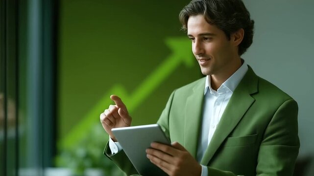 young entrepreneur with MBA certificate reviewing investment proposal on tablet green arrow overlay gentle notification chime optimism three quarter wide angle cinematic color cor