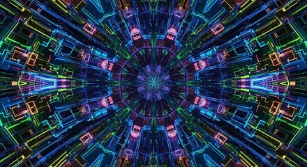 Colorful abstract symmetrical pattern of glowing geometric lines forming a futuristic digital tunnel.
