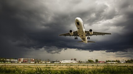 aerodynamics. An airplane taking off into a dramatic sky from an airport runway. mobility guides, transit brochures, designed for mobility and urban transit guides, clarifies navigation.