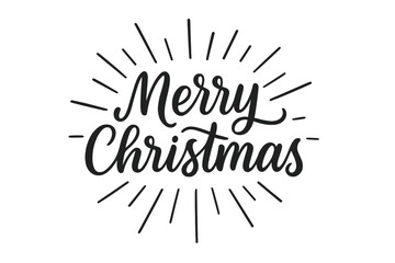 Merry Christmas vector lettering. Holiday calligraphy with sunburst rays. Festive greeting card text. Xmas celebration typography design. Hand written script on isolated background.