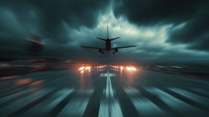 aerodynamics. An airplane taking off into a dramatic sky from an airport runway. mobility guides, transit brochures, designed for mobility and urban transit guides, clarifies navigation.