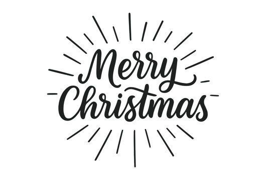 Merry Christmas vector lettering. Holiday calligraphy with sunburst rays. Festive greeting card text. Xmas celebration typography design. Hand written script on isolated background.