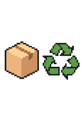 Pixel art recycling symbol and cardboard box icon set. 8-bit retro video game style graphics. Eco-friendly packaging, sustainable shipping and waste management concept.