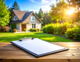 Blank clipboard on wooden table, house in background