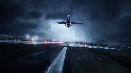 aerodynamics. An airplane taking off into a dramatic sky from an airport runway. mobility guides, transit brochures, designed for mobility and urban transit guides, clarifies navigation.