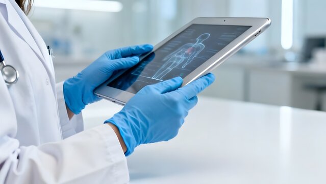 Medical professional in lab coat and gloves analyzing human anatomy scan on a digital tablet in a modern healthcare setting.