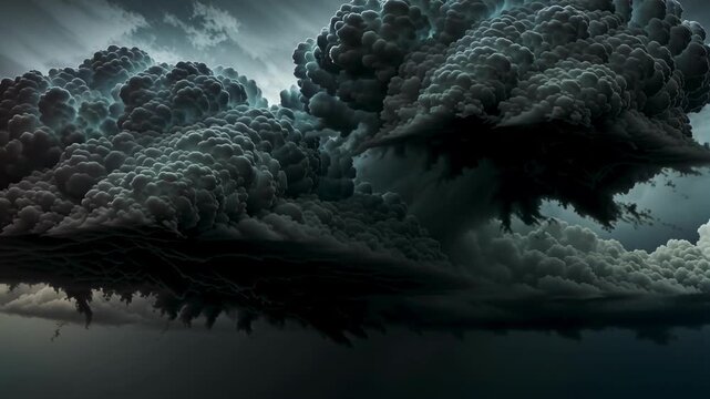 Dramatic dark storm clouds gather ominously over a still reflective surface.