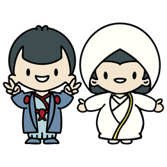 Japanese man and woman in traditional wedding clothing