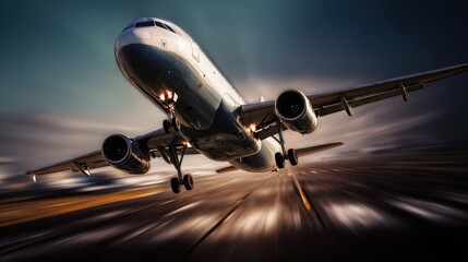 aerodynamics. An airplane taking off into a dramatic sky from an airport runway. mobility guides, transit brochures, designed for mobility and urban transit guides, clarifies navigation.