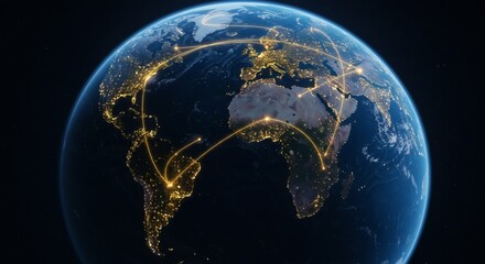 Luminous arcs flow across the Atlantic, linking the Americas, Europe, and Africa. A powerful conceptual image of our planet's digital network and interconnected economy.