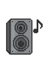 Pixel art speaker icon. Music loudspeaker symbol. 8-bit audio equipment vector illustration. Retro gaming sound system element. Stereo music note graphic design on white background.