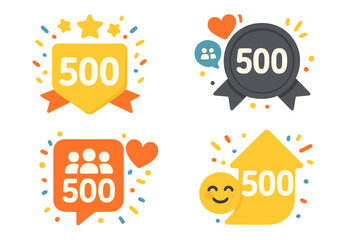 Set of 500 followers celebration vector badges. Thank you design for social media. Five hundred subscribers milestone achievement icons. Goal success, community growth concept.