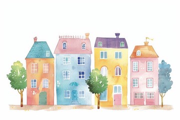 Watercolor painting of a row of colorful houses, each with unique architectural details, flanked by lush green trees.  A charming, idyllic street scene