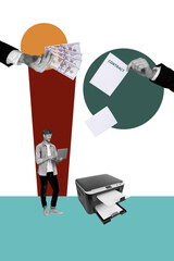 Trend artwork sketch image photo collage of workspace candidate vacation contract supplies paper page young man work laptop earn money