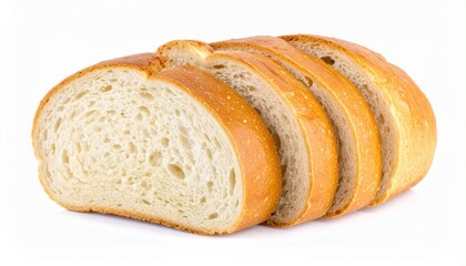Naklejka premium Loaf of sliced white bread with one slice partially separated, showing soft texture and golden-brown crust. Set against white background to highlight freshness and everyday food appeal.
