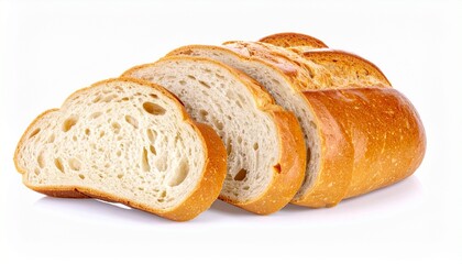 Naklejka premium Loaf of sliced white bread with one slice partially separated, showing soft texture and golden-brown crust. Set against white background to highlight freshness and everyday food appeal.