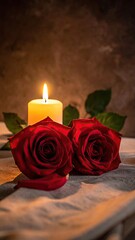 Two Velvet Red Roses Adorn a Beige Tablecloth Under Warm Candlelight with a Subtle Brown Backdrop Creating a Romantic and Intimate Atmosphere