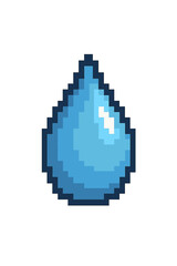 Water drop pixel art icon. 8-bit liquid droplet sprite for retro video games. Blue aqua tear symbol. Abstract graphic element for gaming interface. Vector cartoon isolated.
