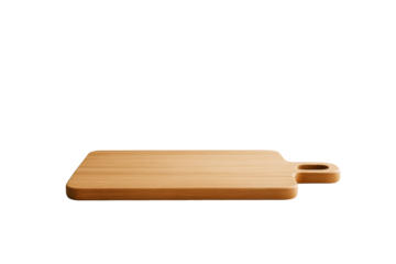 Wooden cutting board with rounded edges and handle, isolated on white background, clean layout concept for kitchen or food design. Ai generative