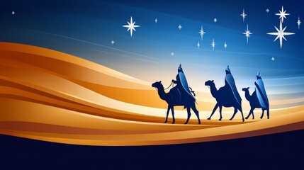 Three figures on camels traveling through a desert landscape under a starry night sky