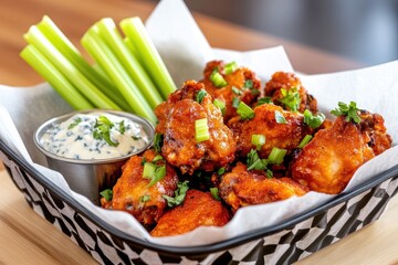 Fototapeta premium Crispy buffalo chicken wings with celery and blue cheese dip in a basket