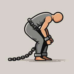 A faceless human figure in grey clothing is bent over, shackled at the wrists and ankles with a heavy chain wrapped around their body, symbolizing slavery or oppression.