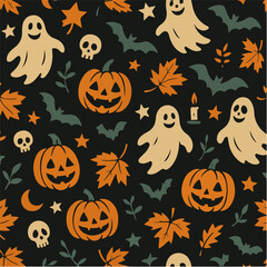 Seamless Halloween Pattern — Ghosts, Pumpkins, Skulls and Autumn Leaves (Vector)