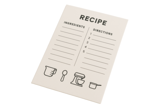 Blank recipe card with ingredient and direction fields, minimal line icons, isolated graphic style on white background, concept of clean food template. Ai generative